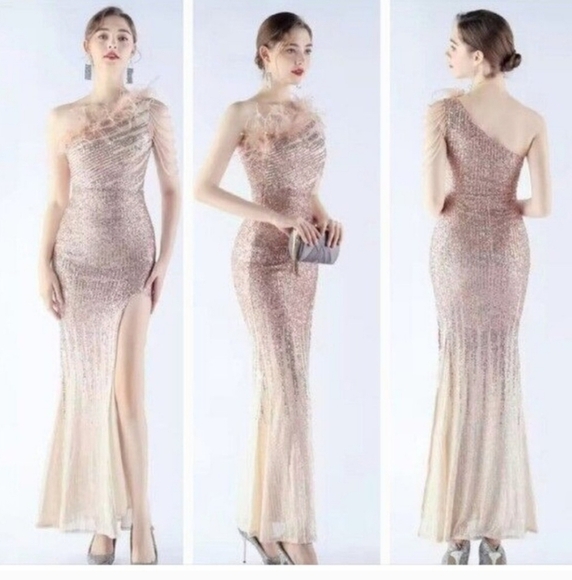 Gold, One Shoulder Beaded,Feather Neckline, Gradient Print, Sequined Gown - Picture 14 of 14